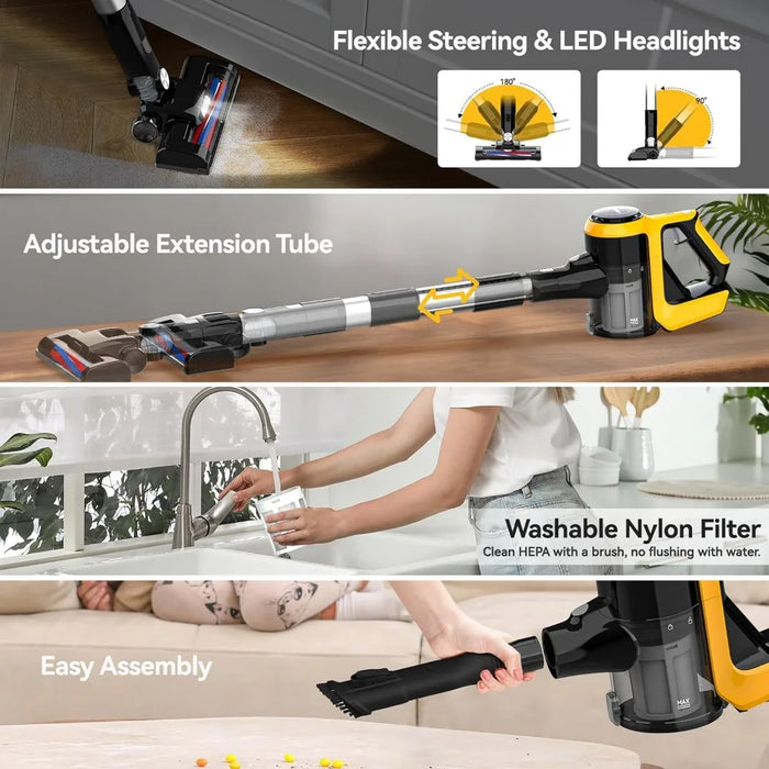 Cordless vacuum cleaner for batteries, 6-in-1 lightweight vacuum cleaner with 2-mode suction, 250W brushless motor