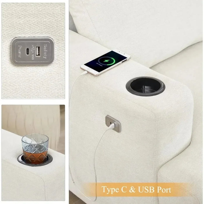 Modern 3 Seater Sofa with USB Charging Ports & 2 Cup Holders, Chenille Upholstered Sofa for Apartment, Living Room, Office