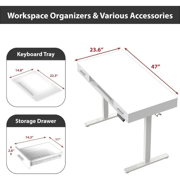 Desk 48-Inch Electric Height Adjustable Desk with Keyboard Tray and Two Drawers Computer Desks Office Furniture Built-in