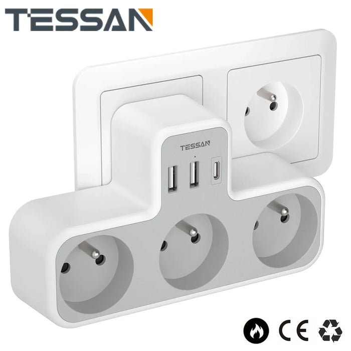TESSAN FR Plug Multi Socket Power Adapter with 2 USB Ports +3 AC Outlets +1 Type C 6 in 1 Wall Socket Extender Adapter for Home