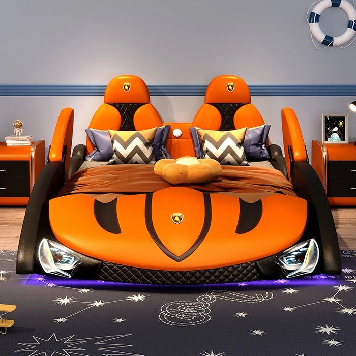 Solid wood boy car bed with guardrail children's bed single room boy sports car splicing leather bed