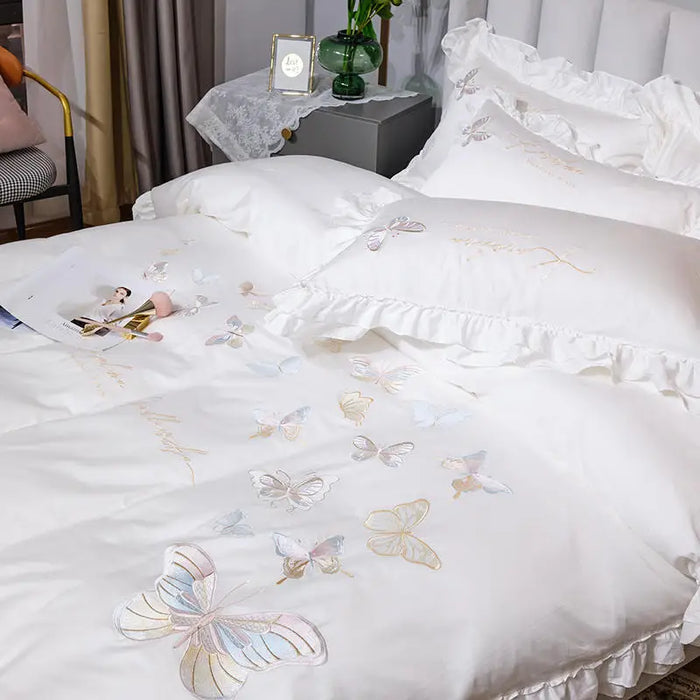 Butterfly Embroidered White Bedding Set Luxury Egyptian Cotton Princess Wedding Solid Quilt/Duvet Cover Bed Sheet Pillowcases