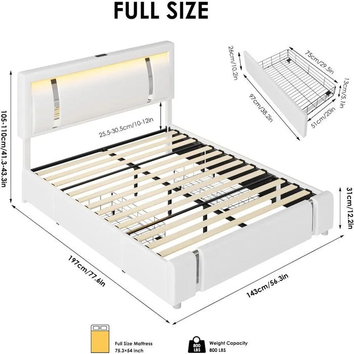 full size bed frame, Headboard with RGB LED lights and 2 storage drawers, Modern Upholstered Faux Leather Smart Platform Bed