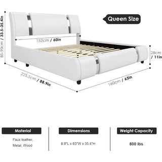Modern Faux Leather Upholstered Platform Bed Frame with Iron Metal Decor, Adjustable Curved Headboard, Beds