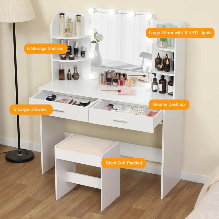 With 10 LED Light Bulbs, Vanity Table, Vanity Desk Set with 2 Drawers, 6 Storage Shelves & Cushioned Stool for Women, White