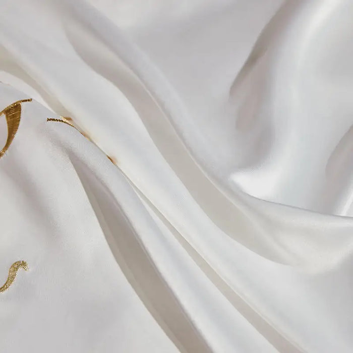 New White Satin Cotton Bedding Set Luxury Royal Gold Embroidery Duvet Cover Bed Sheet Pillowcases Solid Color Bedclothes