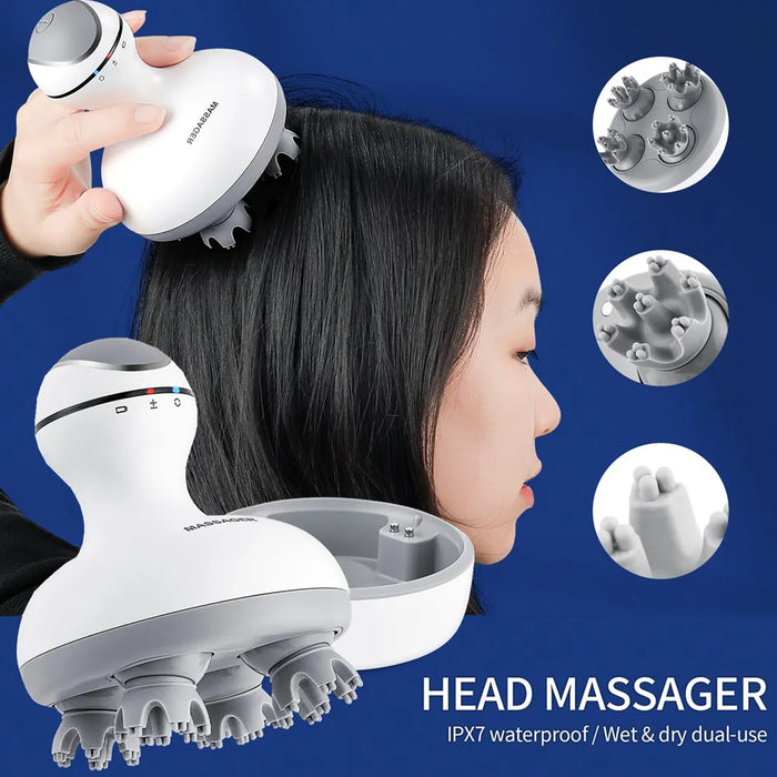 3D Waterproof Electric Head Massager Wireless Scalp Massage Promote Hair Growth Body Deep Tissue Kneading Vibration Roller