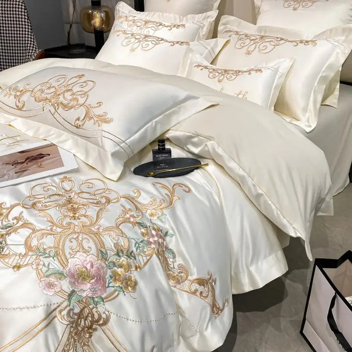 Royal Golden Embroidery European Palace Bedding Set Pearl White Soft Satin Cotton Duvet Cover Flat Bed sheet Pillowcases