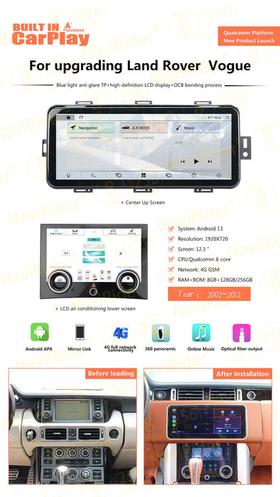 128G Android Car Video Player For Land Range Rover Vouge L322 V8 2002 2012 Multimedia GPS CarPlay Auto Stereo with AC Screen