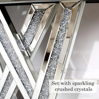 Modern Console Table Mirrored Finished, Glam Style W Silver Entryway Table Inlay with Sparkly Crushed Crystals
