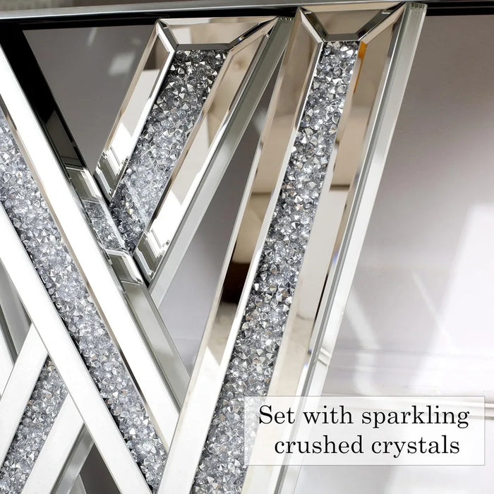 Modern Console Table Mirrored Finished, Glam Style W Silver Entryway Table Inlay with Sparkly Crushed Crystals