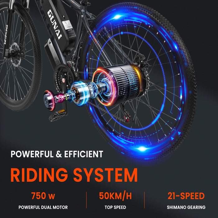 GUNAI Electric Bicycle 750W Motor Cycling Bike 48V 15Ah 29Inch Bike Off-Road 21 Speed Gear Adult Mountain Electric Bike EU Stock