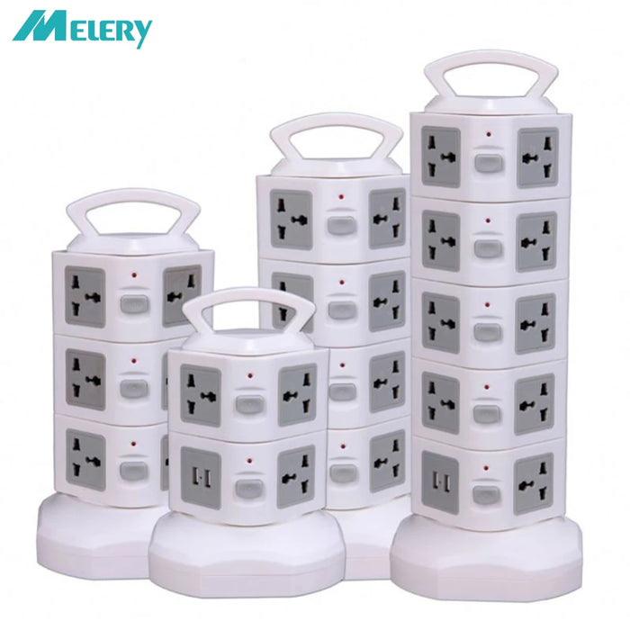 Tower Power Strip Surge Protector Vertical Multi Sockets 7/11/15/19 Way Universal Outlets Plug Socket 2 USB 3m Extention Cord