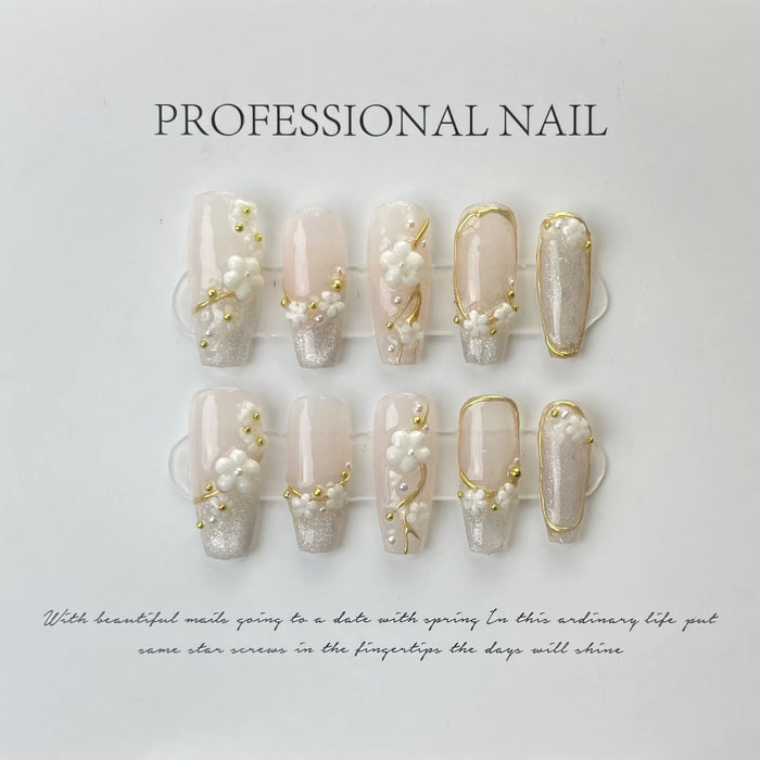 10Pcs/set Press on False Nails Art Full Cover Flower Long False Artificial Nails Easy to Wear Reusable nails supplier