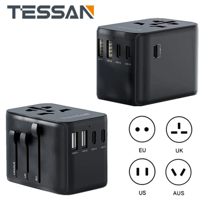 TESSAN Universal Travel Adapter All-in-one International Plug Power Adapter with USB &Type C Wall Charger for UK/EU/AU/US Travel