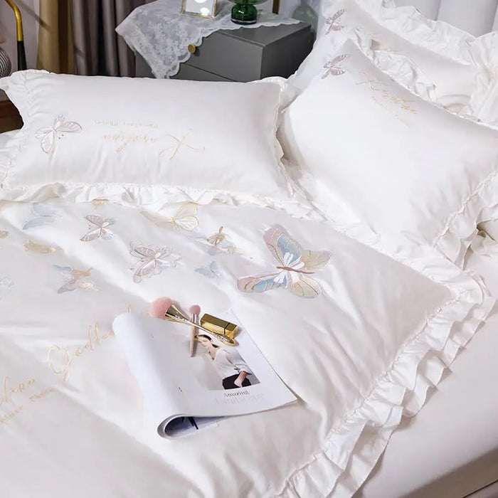 High End Butterfly Embroidery White Bedding Set Luxury Egyptian Cotton Solid Color Ruffles Duvet Cover Bed Sheet Pillowcases