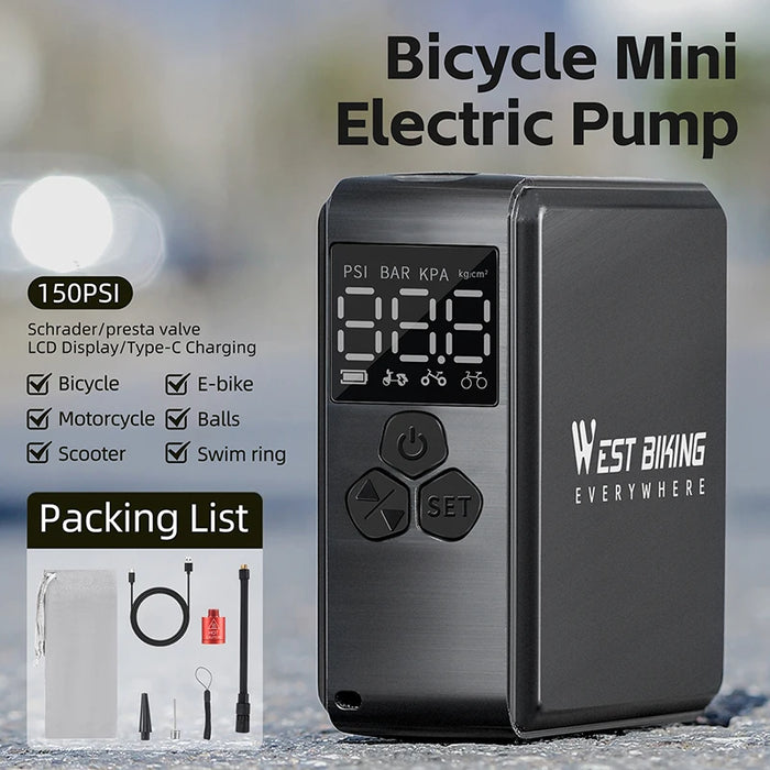 WEST BIKING Bike Pump Portable Mini Electric Air Pump 150PSI Tire Inflator Car Bike Motorcycle Bicycle Pump With LCD Display