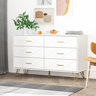 Dresser for Bedroom, White Dresser with 6 Deep Drawers, Wide Chest of Drawers with Gold Handles for Living Room
