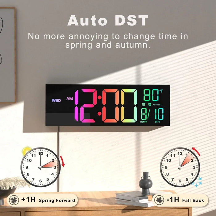 16" Large Digital Wall Clock with Remote Control, Dual Alarm with Big LED Screen Dispaly, 8 RGB Colors, Auto DST, Temperature