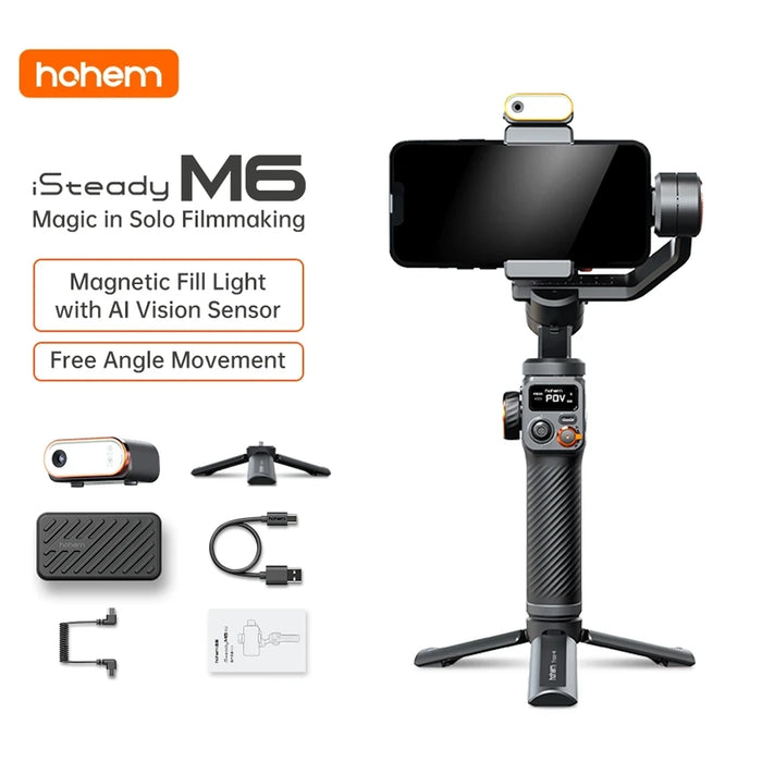 Hohem iSteady M6 Handheld Gimbal Stabilizer Selfie Tripod for Smartphone with AI Magnetic Fill Light Full Color Video Lighting