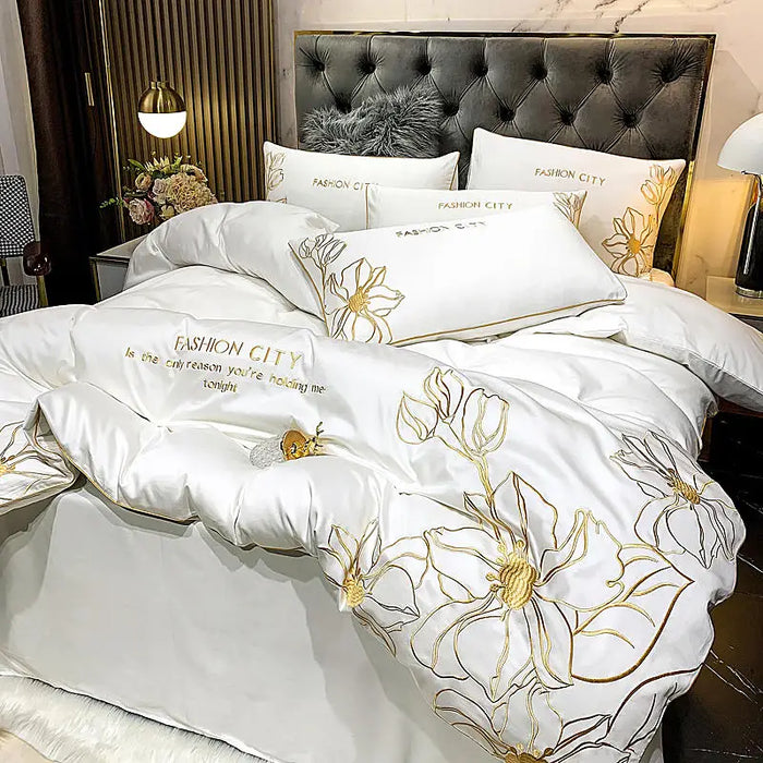 Golden Embroidered Duvet Cover Set 100%Cotton 4pcs Quilted Pure White Bedding Bed Sheet Pillowcases Home Textile