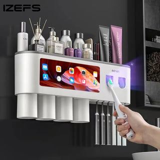 Wall-mounted Toothbrush Holder With 2 Toothpaste Dispenser Punch-free Bathroom Storage For Home Waterproof Bathroom Accessories