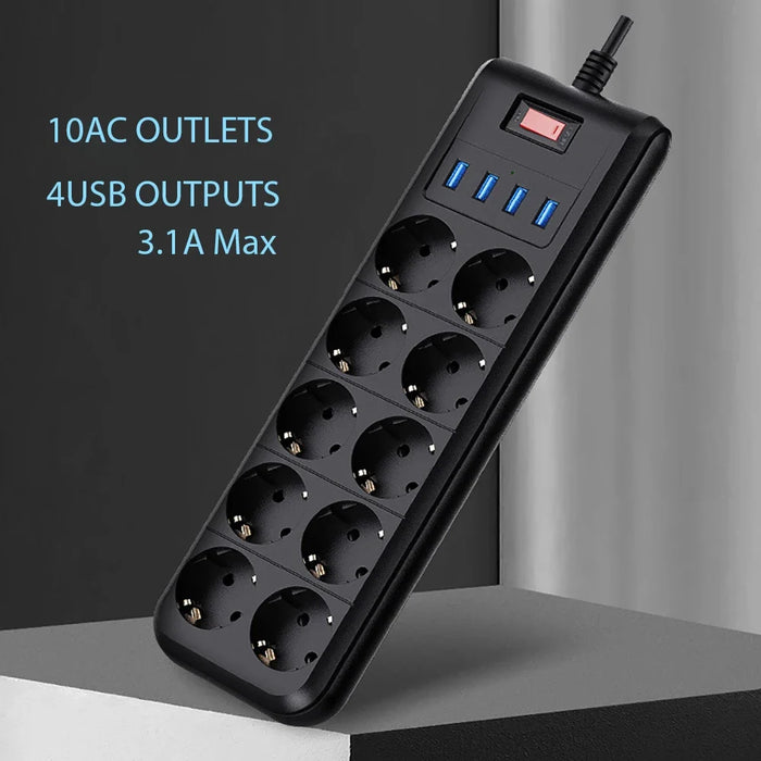 Melery Power Strip 10 Way AC Outlet EU Plug Socket USB Charging Port 2m Extension Cord Computer TV Smartphone Homekit Appliances