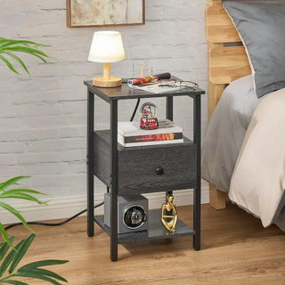 Nightstand with Charging Station, 3-Tier Beside Table Nightstand with 2 USB Ports & 2 Power Outlets,