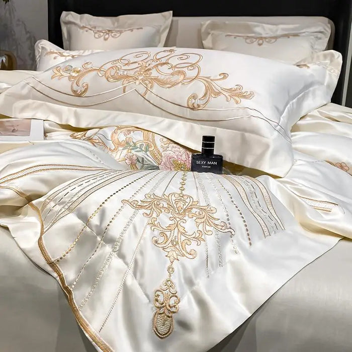 Royal Golden Embroidery European Palace Bedding Set Pearl White Soft Satin Cotton Duvet Cover Flat Bed sheet Pillowcases