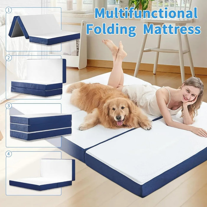 Memory Foam Folding Mattress,4Inch Foldable Mattress Trifold Mattress Topper with Bag,Soft Portable Single Floor Mattress Guest