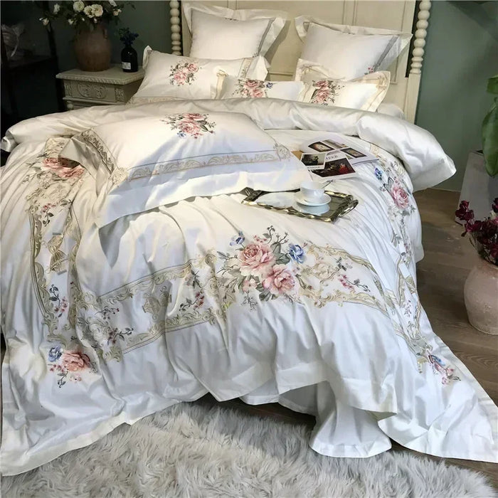 New White Blue Pink Luxury Flowers Embroidery 100S Egyptian Cotton Palace Bedding Set Duvet Cover Bed sheet/Linen Pillowcases