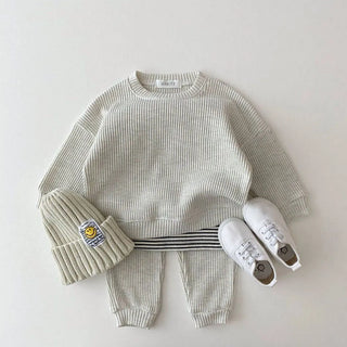 Korean Baby Clothing Sets Waffle Cotton Kids Boys Girls Clothes Spring Autumn Loose Tracksuit Pullovers Tops+Pants 2PCS Sets