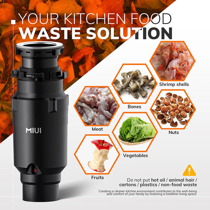 MIUI Continuous Feed Garbage Disposal with Sound Reduction,1/2 HP Stainless Steel Food Waste Grinding System,Power Cord Included