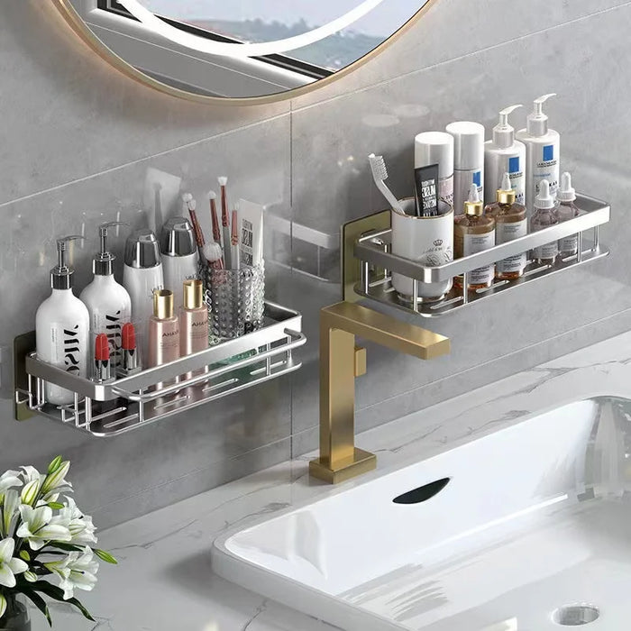 No Drill Bathroom Shelf Space Aluminum Bathroom Shelves Shower Organizer Rack with Hook Up Storage Holder Bathroom Furniture