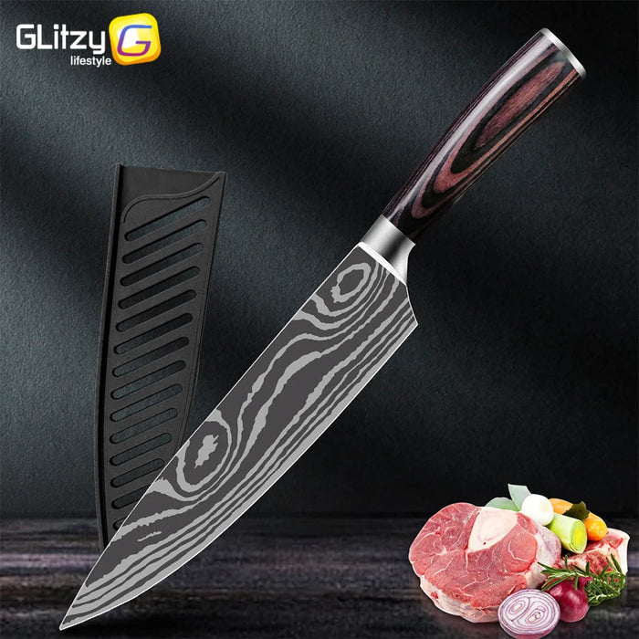 Kitchen Knife Set Damascus Laser Chef Knives 7CR17 440C Stainless Steel Japanese Meat Cleaver Slicer Santoku Cutter Cooking Tool