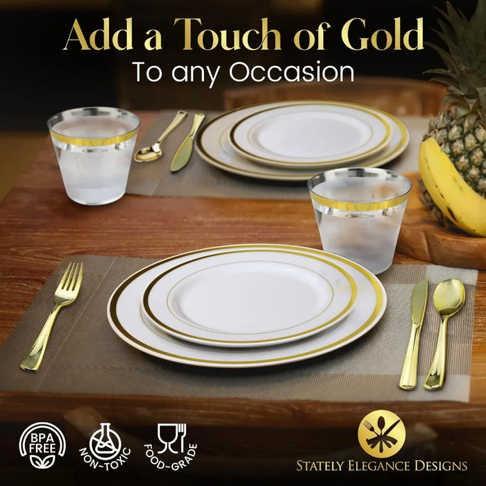 600 Piece Gold Disposable Dinnerware Set, 200 White and Gold Plate 300 Gold Silverware 100 Plastic Cups for Party