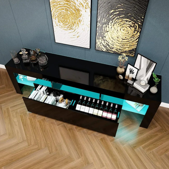 TV Stand,  63  inch Wood TV Stand, Center with Large Drawers＆Glass Display Shelf, LED Modern