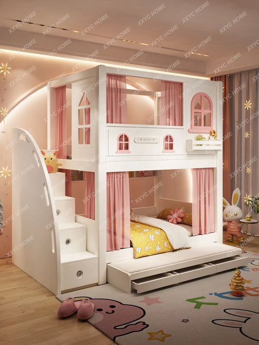 Children's Upper and Lower Bed Bunk Bed Girls Boys Princess Bed Castle Tree House Height-Adjustable Bed