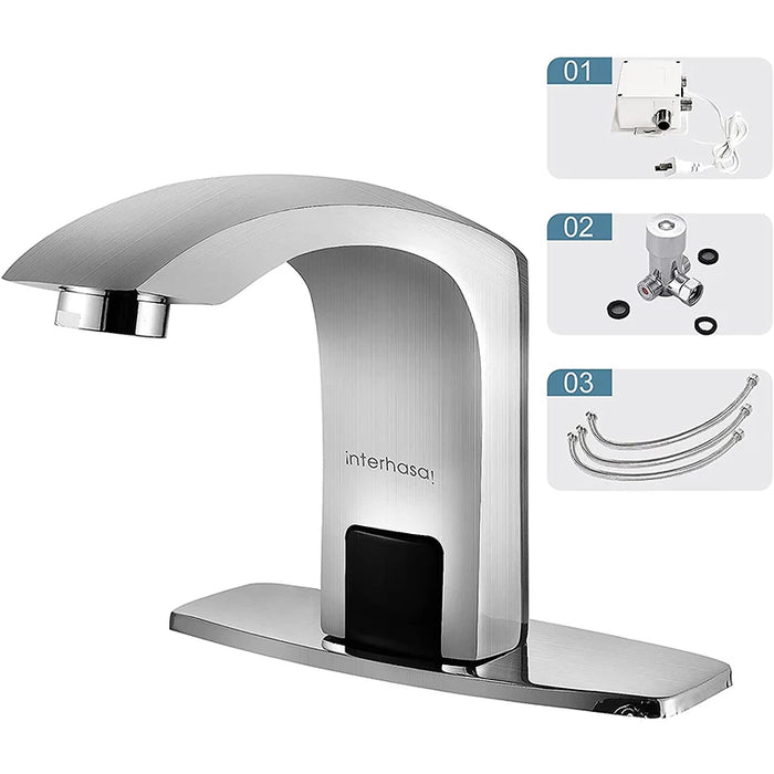 Touchless Bathroom Faucet Chrome Automatic Bathroom Sink Faucet with Hole Cover Plate Hands Free Water Tap with Control Box