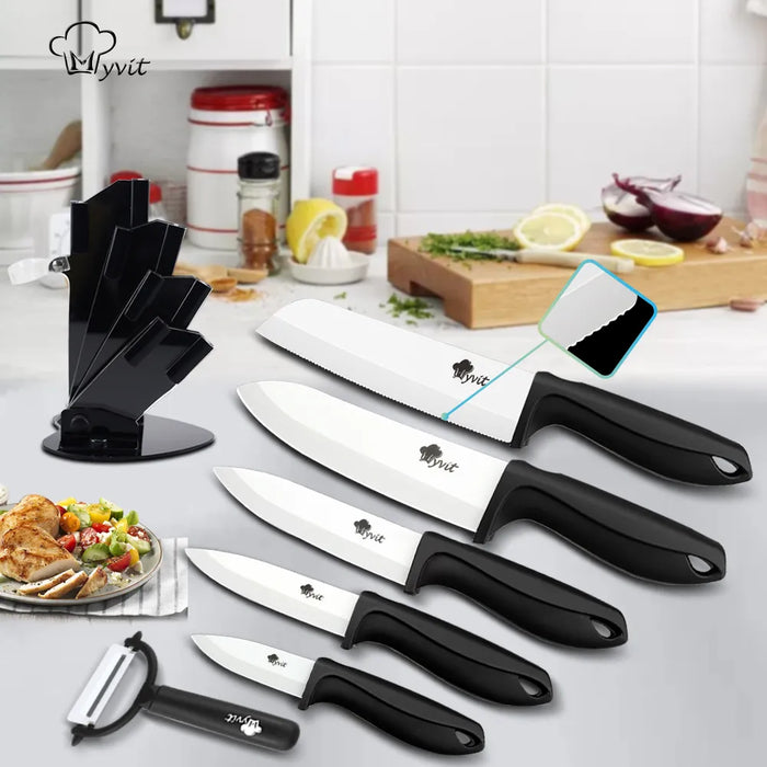 Ceramic Knife Set 3 4 5 6 inch with Holder Kitchen Knife Set Fruit Vegetable Utility Slicing Zirconium White Blade Chef Knives