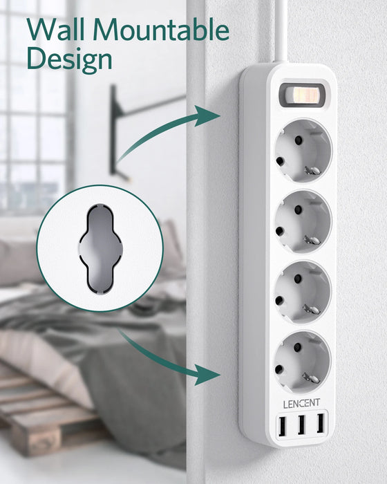 LENCENT EU Power Strip with 4 Outlets and 3 USB Ports 5V/2.4A  4000W 7 in 1 Multiple Socket with On/Off Switch 1.5M Cable Socket