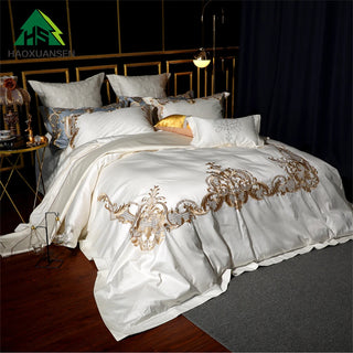4/7Pieces Embroidery Bedding Set White Pure Cotton Queen King Size Rococo Design Bedspread Bed Sheets Pillowcase Duvet Cover