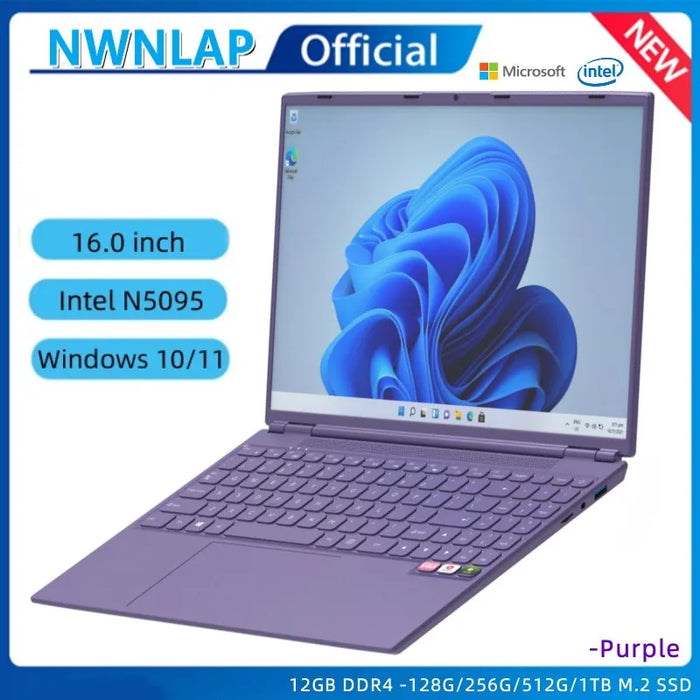 Fingerprint ID Intel Ultra Slim Notebook Quad Core N95 Graphics UHD 16.0" Laptop 16GB RAM 128G SSD ROM Windows 10 Wifi BT 4.2