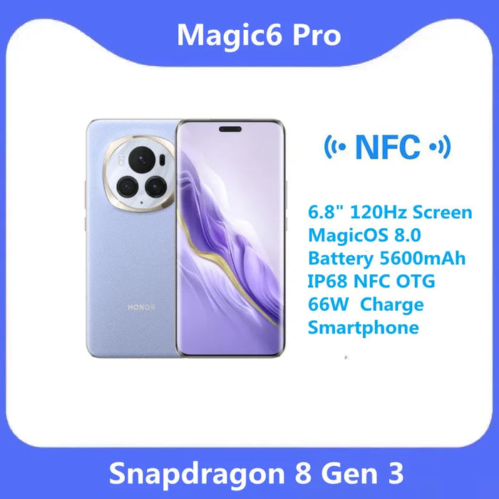 Google  Arrival Original Honor Magic 6 Pro 6.8" 120Hz Screen Snapdragon 8 Gen 3 MagicOS 8.0 Battery 5600mAh IP68 NFC Smartphone