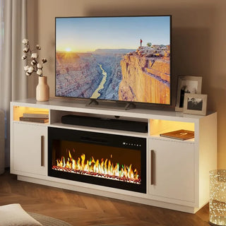 70" Fireplace TV Stand for TVs Up to 75", LED Light Entertainment Center with 36" Electric Fireplace Heater, Storage Cabinet,