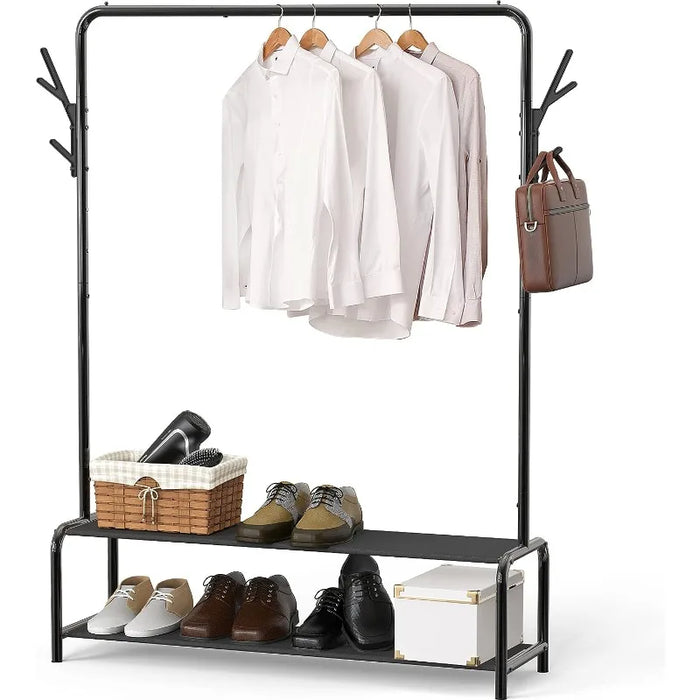 Garment Rack with Storage Shelves and Coat/Hat Hanging Hooks