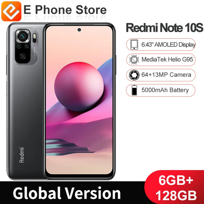 Global Version Redmi Note 10S 6GB+128GB 6.43” AMOLED Display  MTK Helio G95 64MP+13MP Camera NFC 5000mAh Battery (New)