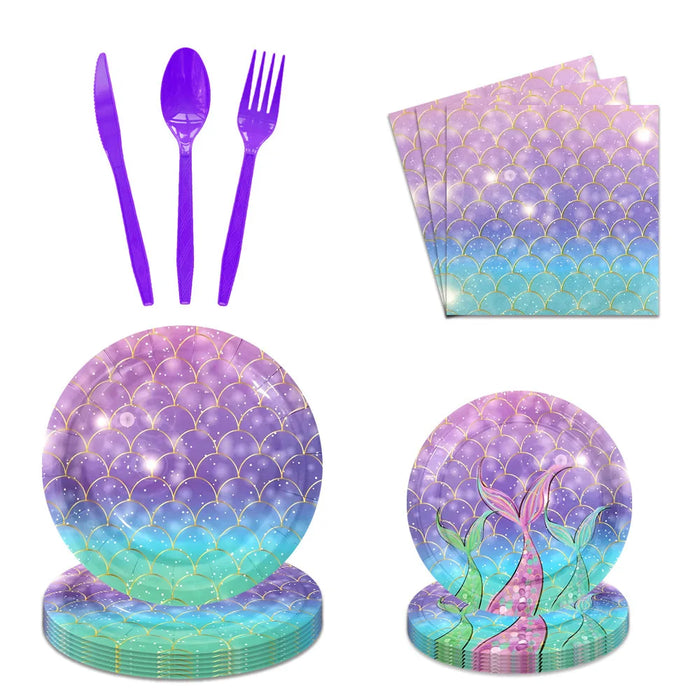 CIVI Mermaid Theme Tableware Set Mermaid Disposable Paper Plate Dinnerware Set Birthday Party Supplies 150 pack