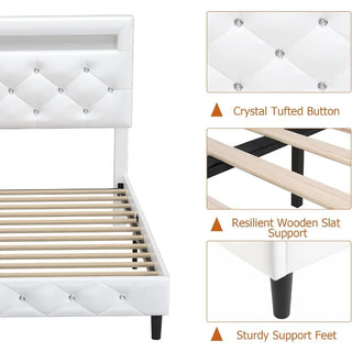 Full Size Platform Bed with LED Lights, Adjustable Tufted Headboard, Wood Slats - White