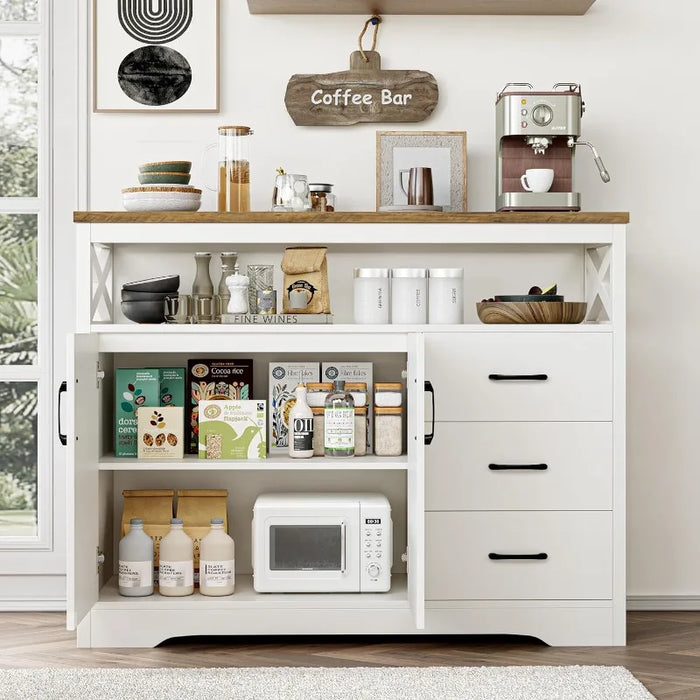 Modern Farmhouse Sideboard Buffet Cabinet, Kitchen Buffet Storage Cabinet with Drawers and Shelves, Wood Coffee Bar Cabinet